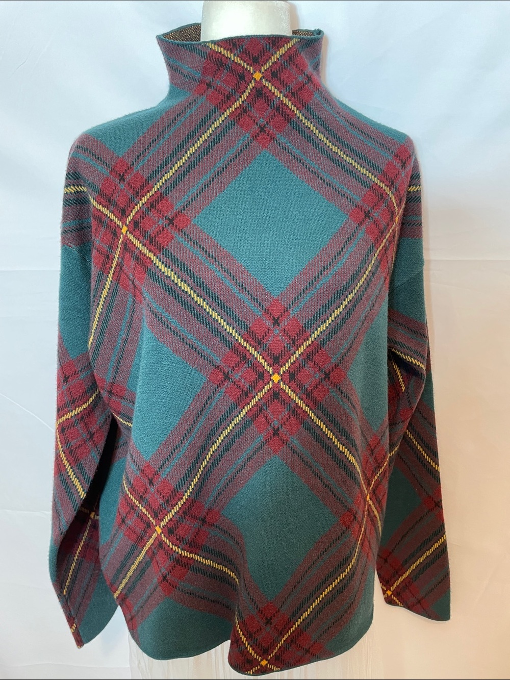 Tahari Plaid Mock Neck Knit Pullover Sweater with Red & Yellow Accents